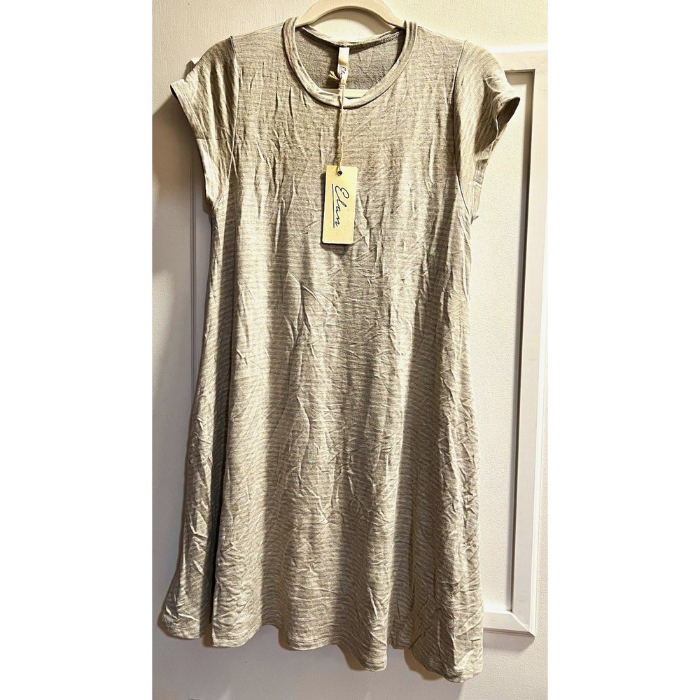Elan Women's M Gray Stripe Round Neck Cap Sleeve A-Line Knee Dress 36”x35” NWT